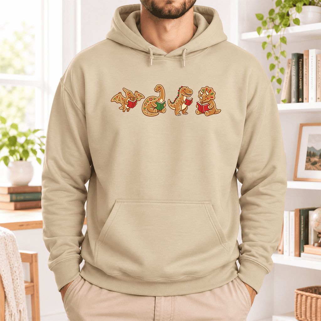 Four Gingerbread Dinosaur Reading Softstyle Hoodie | Christmas Reading Gift Sand