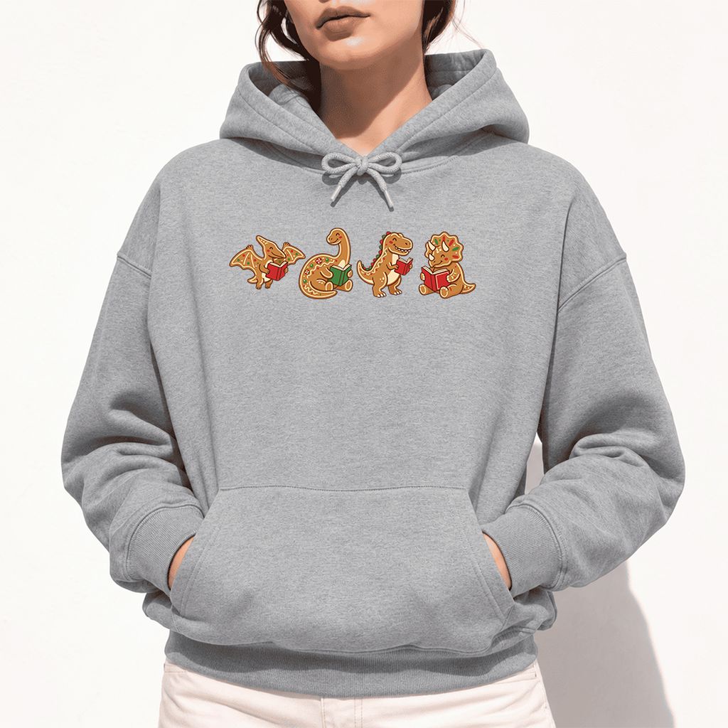 Four Gingerbread Dinosaur Reading Softstyle Hoodie | Christmas Reading Gift Sport Grey