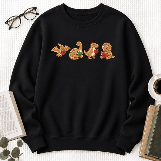 Four Gingerbread Dinosaur Reading Softstyle Sweatshirt | Christmas Reading Gift Black