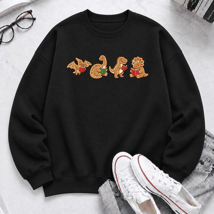 Four Gingerbread Dinosaur Reading Softstyle Sweatshirt | Christmas Reading Gift Black