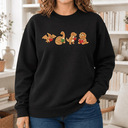 Four Gingerbread Dinosaur Reading Softstyle Sweatshirt | Christmas Reading Gift Black