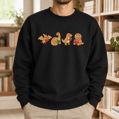 Four Gingerbread Dinosaur Reading Softstyle Sweatshirt | Christmas Reading Gift Black