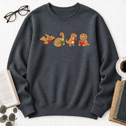 Four Gingerbread Dinosaur Reading Softstyle Sweatshirt | Christmas Reading Gift Dark Heather
