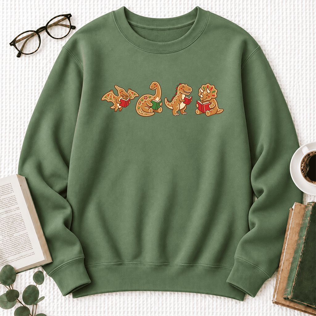 Four Gingerbread Dinosaur Reading Softstyle Sweatshirt | Christmas Reading Gift Military Green