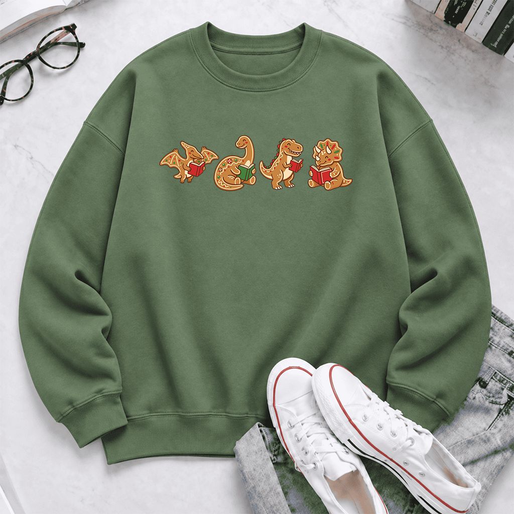 Four Gingerbread Dinosaur Reading Softstyle Sweatshirt | Christmas Reading Gift Military Green