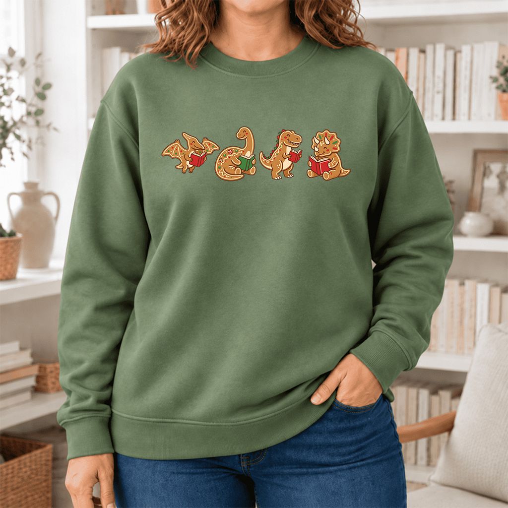 Four Gingerbread Dinosaur Reading Softstyle Sweatshirt | Christmas Reading Gift Military Green