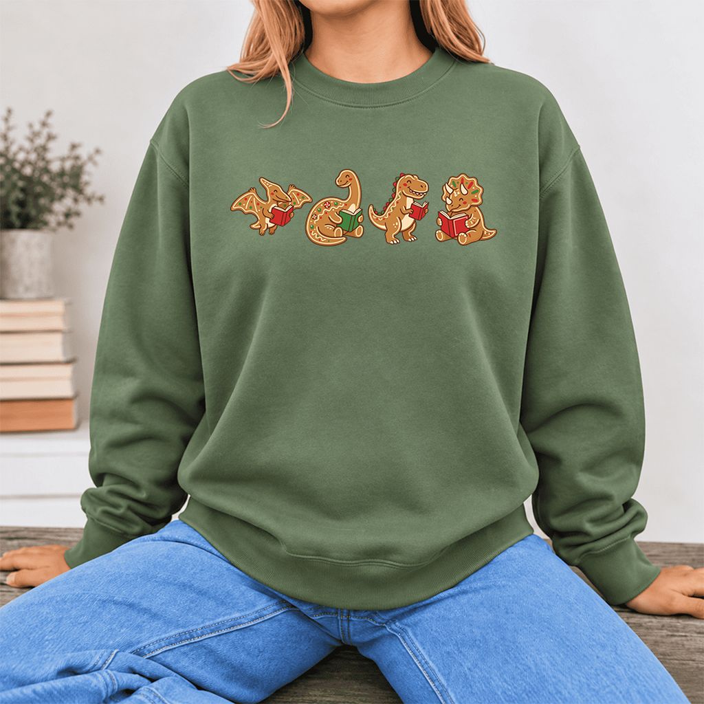 Four Gingerbread Dinosaur Reading Softstyle Sweatshirt | Christmas Reading Gift Military Green