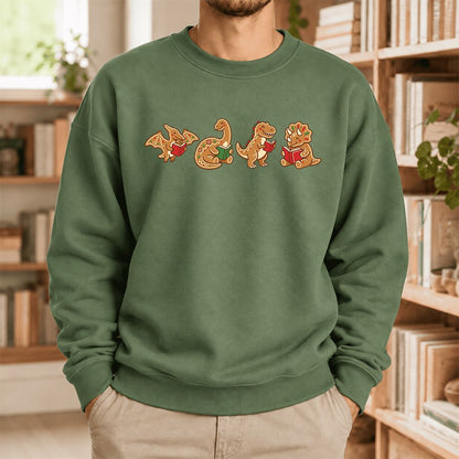 Four Gingerbread Dinosaur Reading Softstyle Sweatshirt | Christmas Reading Gift Military Green