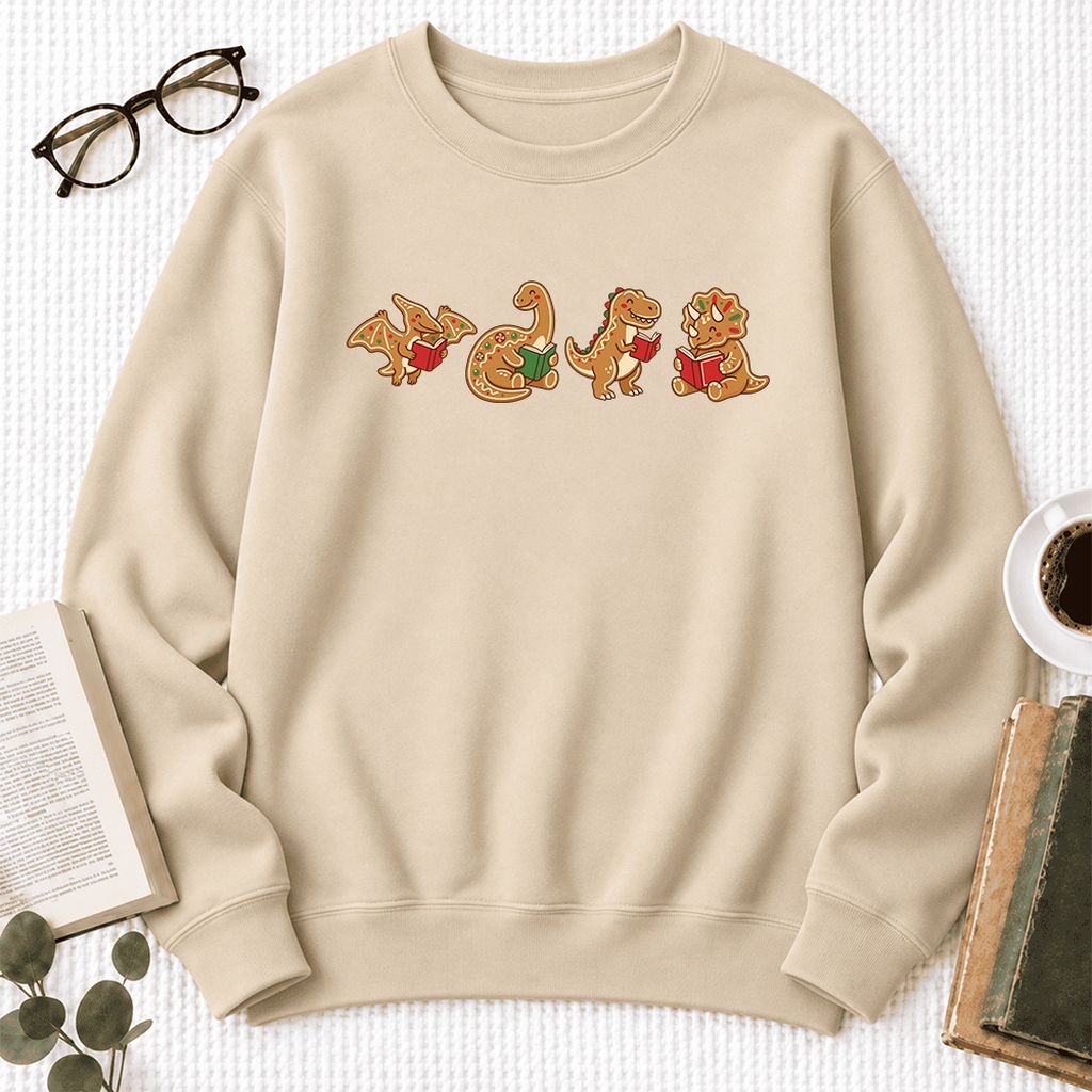 Four Gingerbread Dinosaur Reading Softstyle Sweatshirt | Christmas Reading Gift Sand