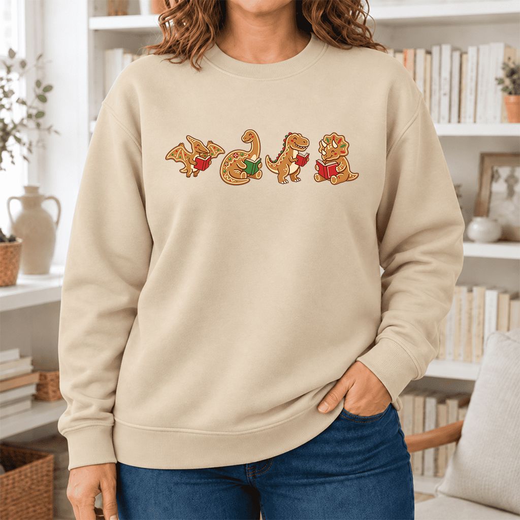 Four Gingerbread Dinosaur Reading Softstyle Sweatshirt | Christmas Reading Gift Sand