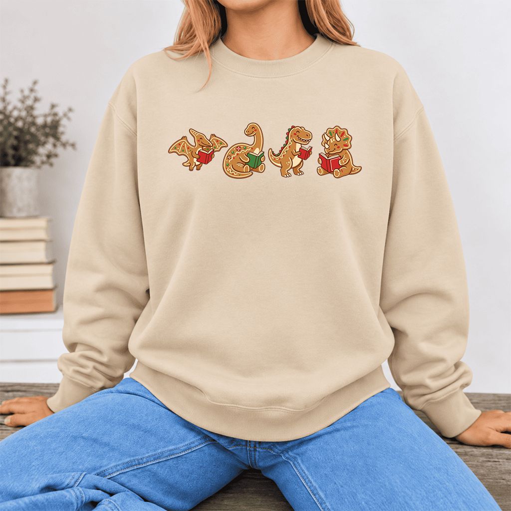 Four Gingerbread Dinosaur Reading Softstyle Sweatshirt | Christmas Reading Gift Sand