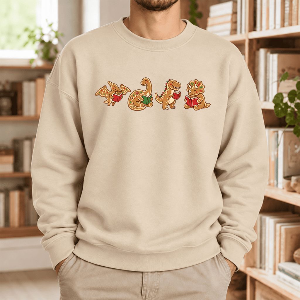 Four Gingerbread Dinosaur Reading Softstyle Sweatshirt | Christmas Reading Gift Sand