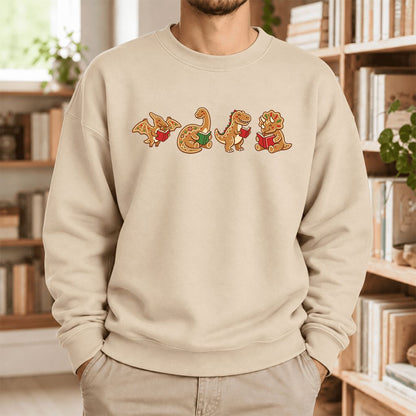 Four Gingerbread Dinosaur Reading Softstyle Sweatshirt | Christmas Reading Gift Sand