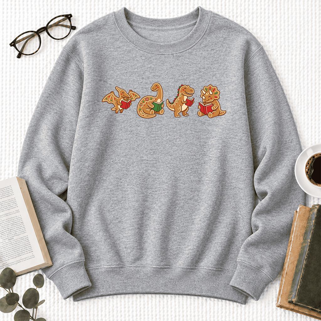 Four Gingerbread Dinosaur Reading Softstyle Sweatshirt | Christmas Reading Gift Sport Grey