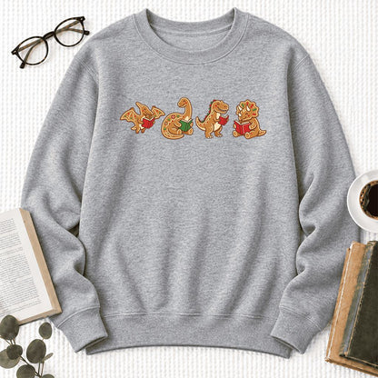 Four Gingerbread Dinosaur Reading Softstyle Sweatshirt | Christmas Reading Gift Sport Grey