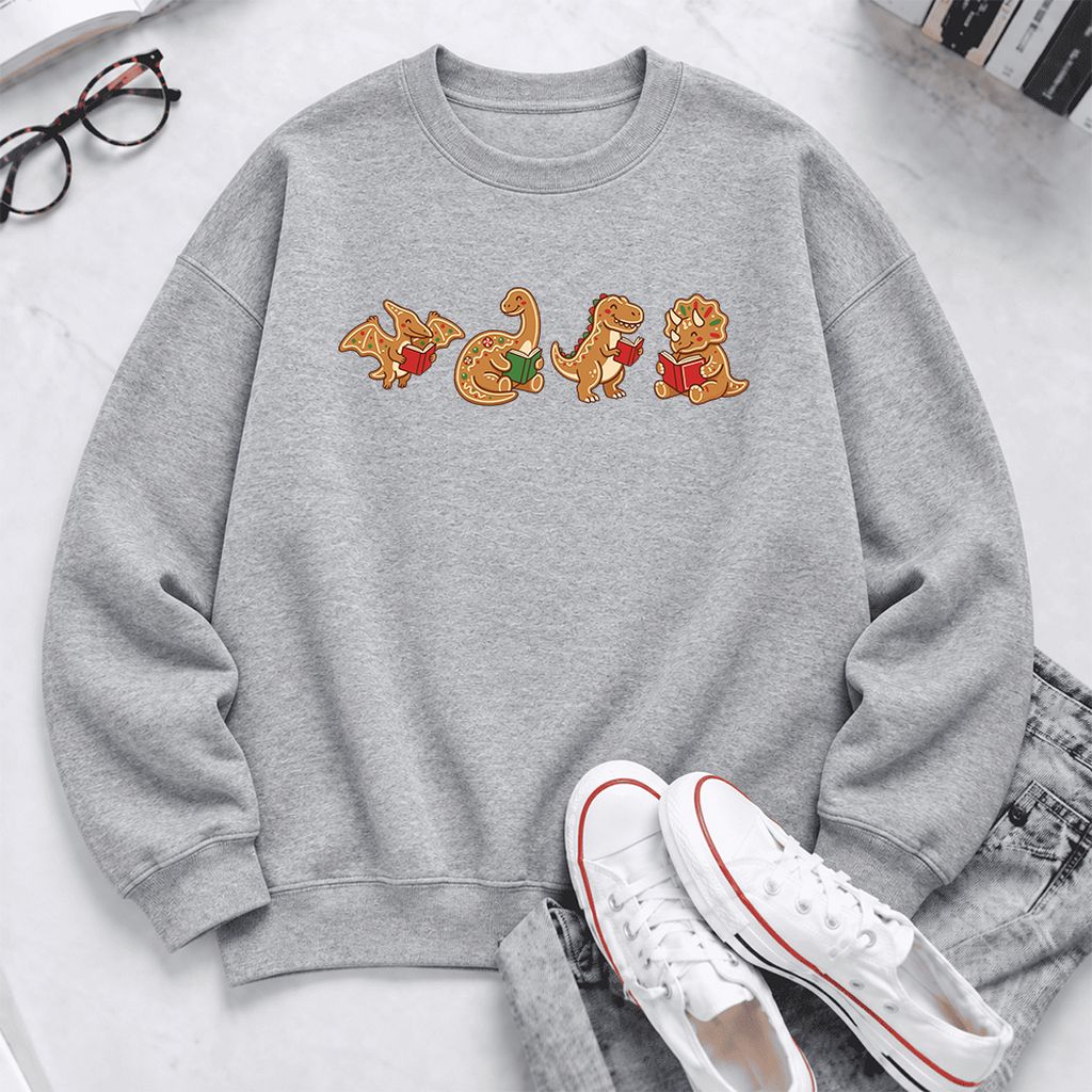Four Gingerbread Dinosaur Reading Softstyle Sweatshirt | Christmas Reading Gift Sport Grey