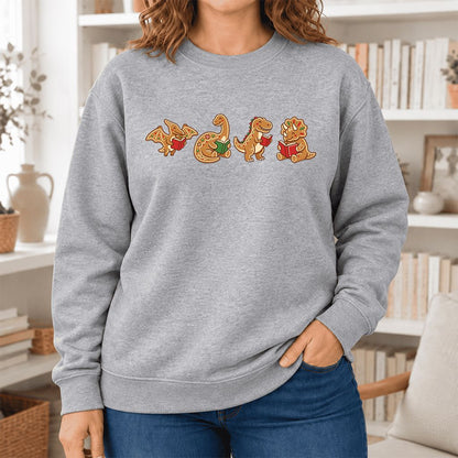 Four Gingerbread Dinosaur Reading Softstyle Sweatshirt | Christmas Reading Gift Sport Grey