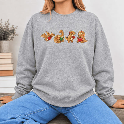 Four Gingerbread Dinosaur Reading Softstyle Sweatshirt | Christmas Reading Gift Sport Grey