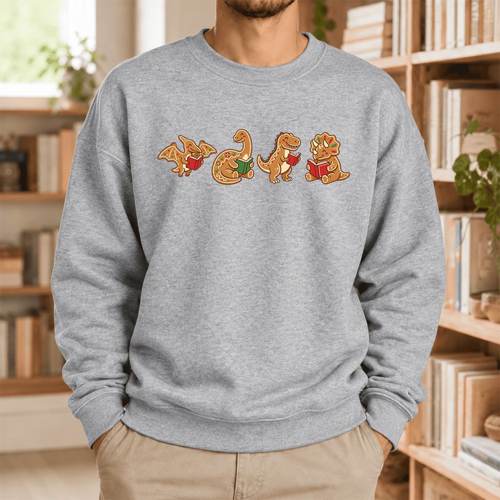 Four Gingerbread Dinosaur Reading Softstyle Sweatshirt | Christmas Reading Gift Sport Grey