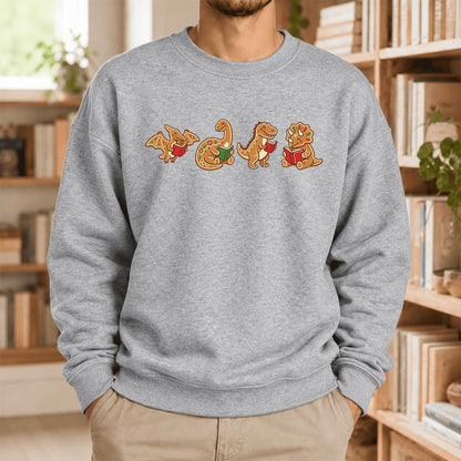 Four Gingerbread Dinosaur Reading Softstyle Sweatshirt | Christmas Reading Gift Sport Grey