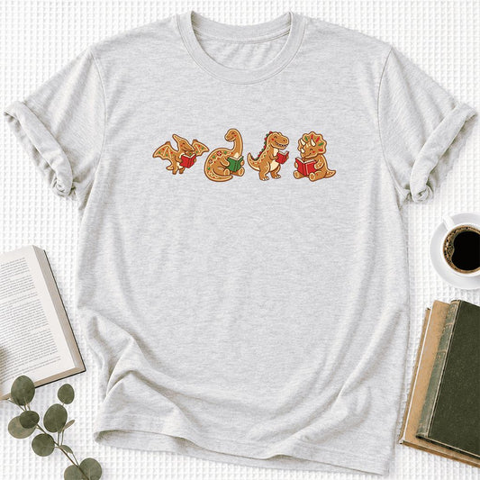 Four Gingerbread Dinosaur Reading Ultra-Soft Cotton T-Shirt | Gift Ash