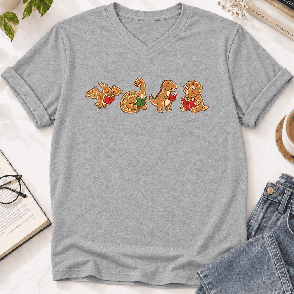 Four Gingerbread Dinosaur Reading Ultra-Soft V-Neck | Christmas Reading Gift Athletic Heather