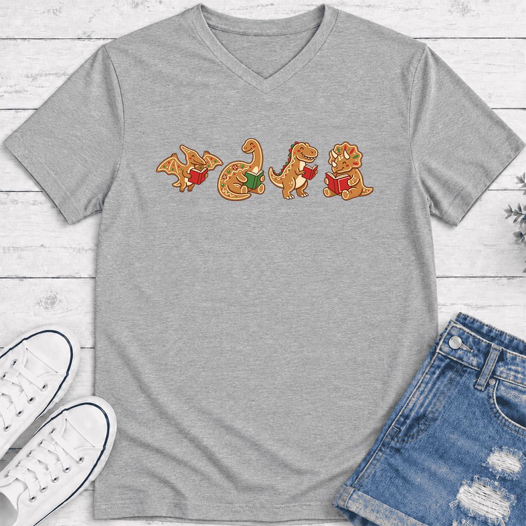 Four Gingerbread Dinosaur Reading Ultra-Soft V-Neck | Christmas Reading Gift Athletic Heather