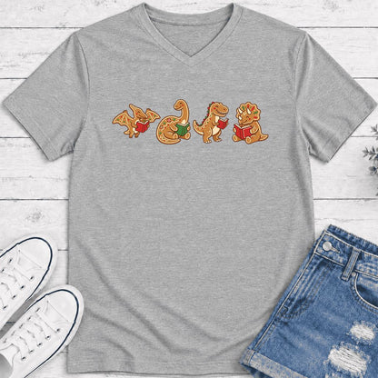 Four Gingerbread Dinosaur Reading Ultra-Soft V-Neck | Christmas Reading Gift Athletic Heather