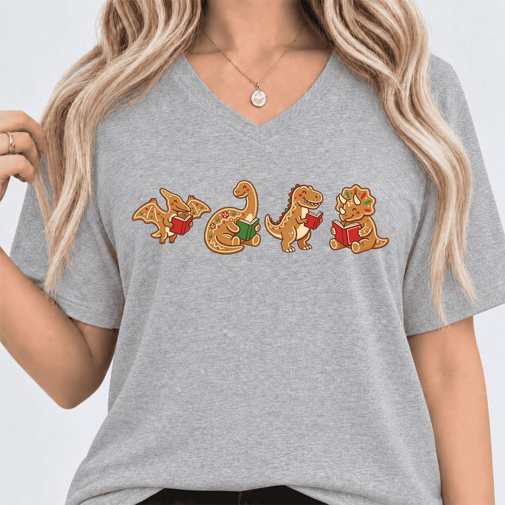 Four Gingerbread Dinosaur Reading Ultra-Soft V-Neck | Christmas Reading Gift Athletic Heather