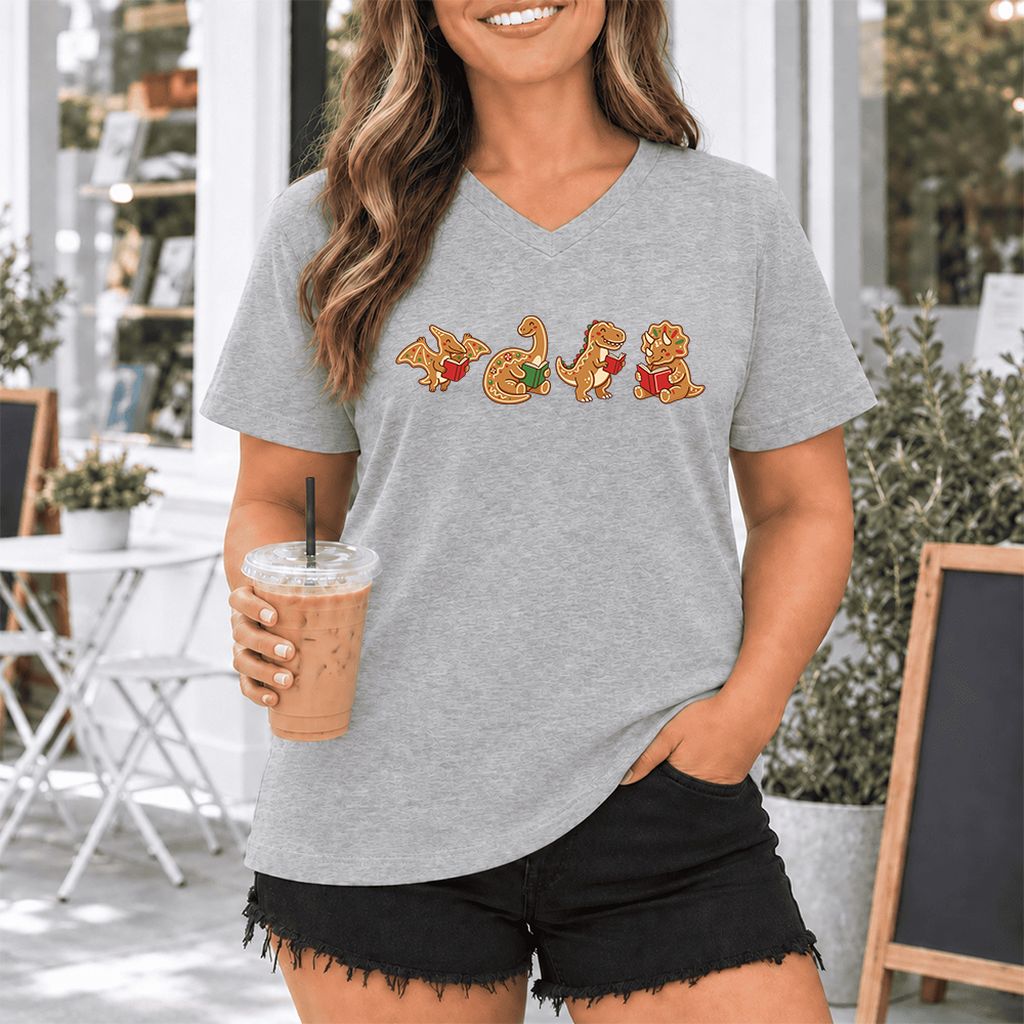 Four Gingerbread Dinosaur Reading Ultra-Soft V-Neck | Christmas Reading Gift Athletic Heather