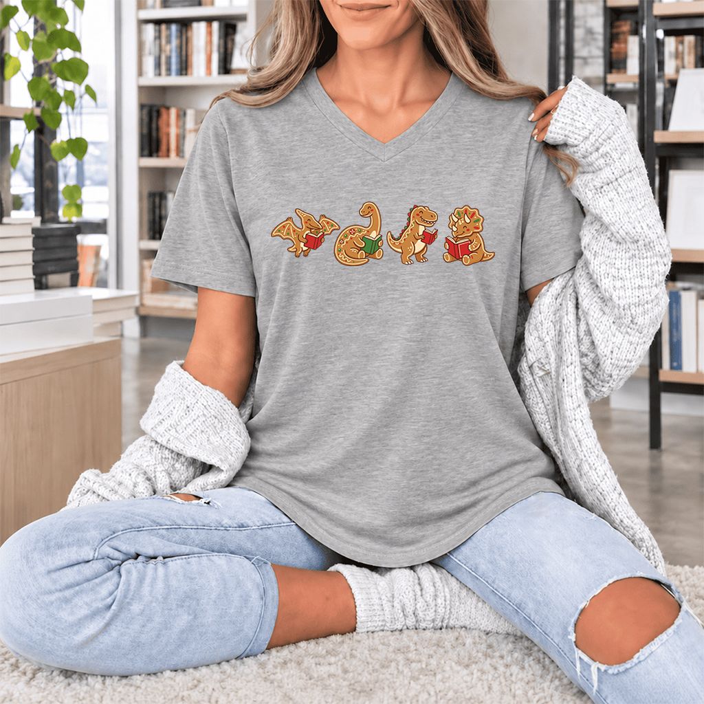 Four Gingerbread Dinosaur Reading Ultra-Soft V-Neck | Christmas Reading Gift Athletic Heather