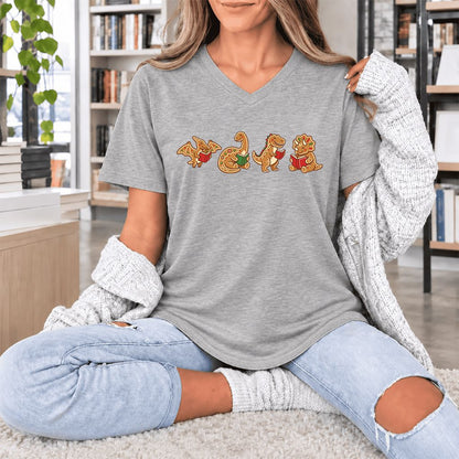 Four Gingerbread Dinosaur Reading Ultra-Soft V-Neck | Christmas Reading Gift Athletic Heather