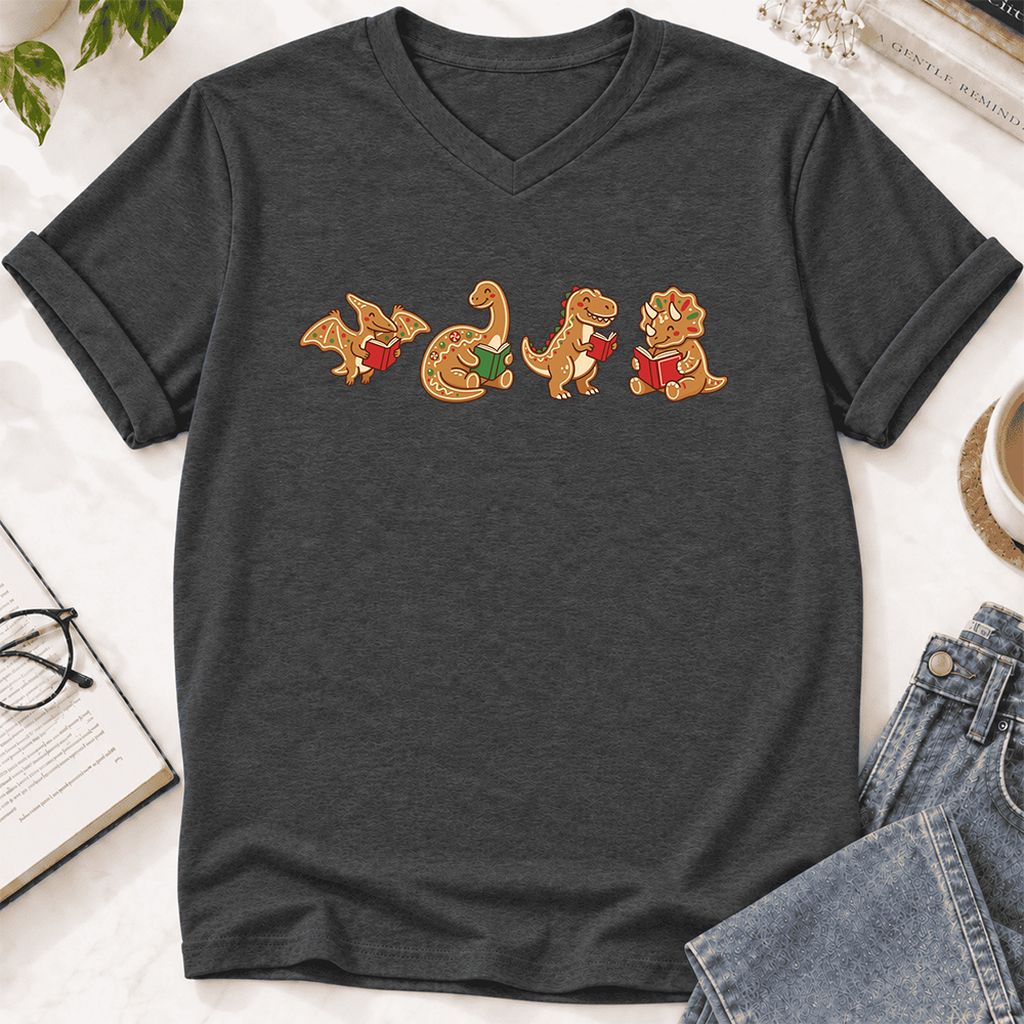 Four Gingerbread Dinosaur Reading Ultra-Soft V-Neck | Christmas Reading Gift Dark Grey Heather