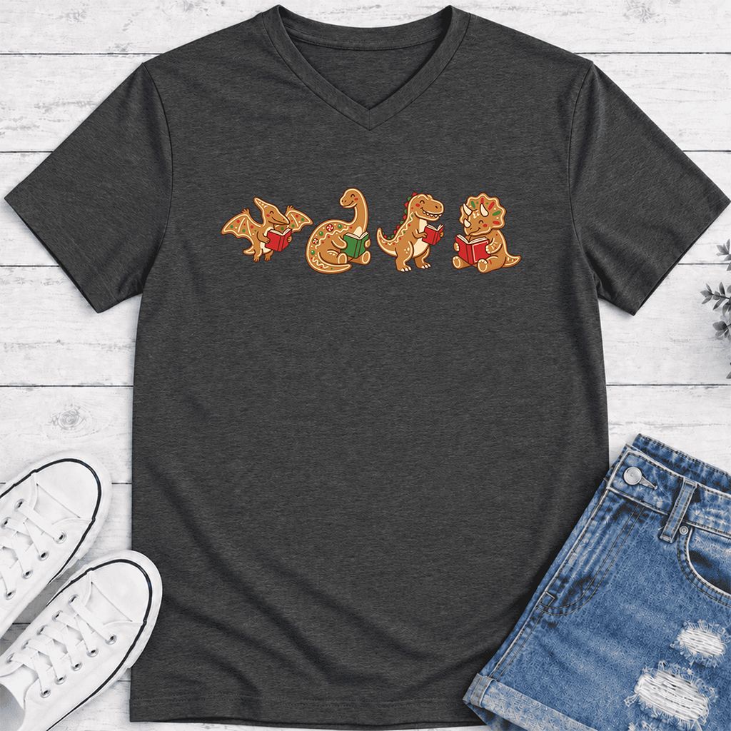 Four Gingerbread Dinosaur Reading Ultra-Soft V-Neck | Christmas Reading Gift Dark Grey Heather