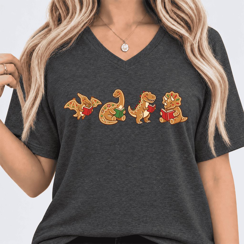 Four Gingerbread Dinosaur Reading Ultra-Soft V-Neck | Christmas Reading Gift Dark Grey Heather