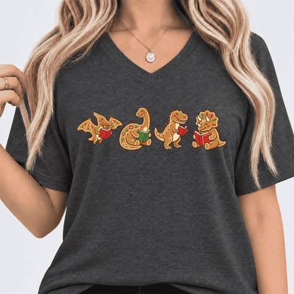 Four Gingerbread Dinosaur Reading Ultra-Soft V-Neck | Christmas Reading Gift Dark Grey Heather