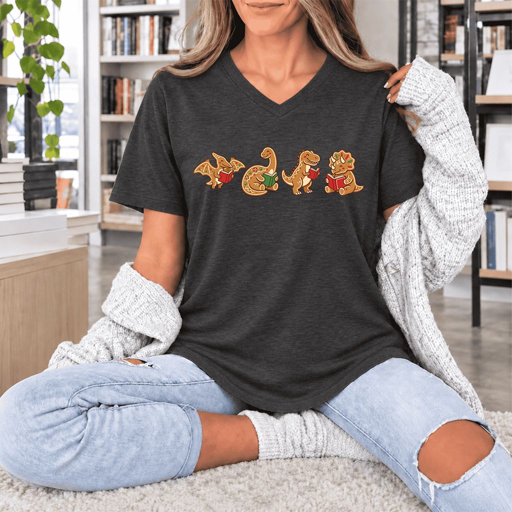 Four Gingerbread Dinosaur Reading Ultra-Soft V-Neck | Christmas Reading Gift Dark Grey Heather
