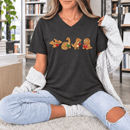 Four Gingerbread Dinosaur Reading Ultra-Soft V-Neck | Christmas Reading Gift Dark Grey Heather