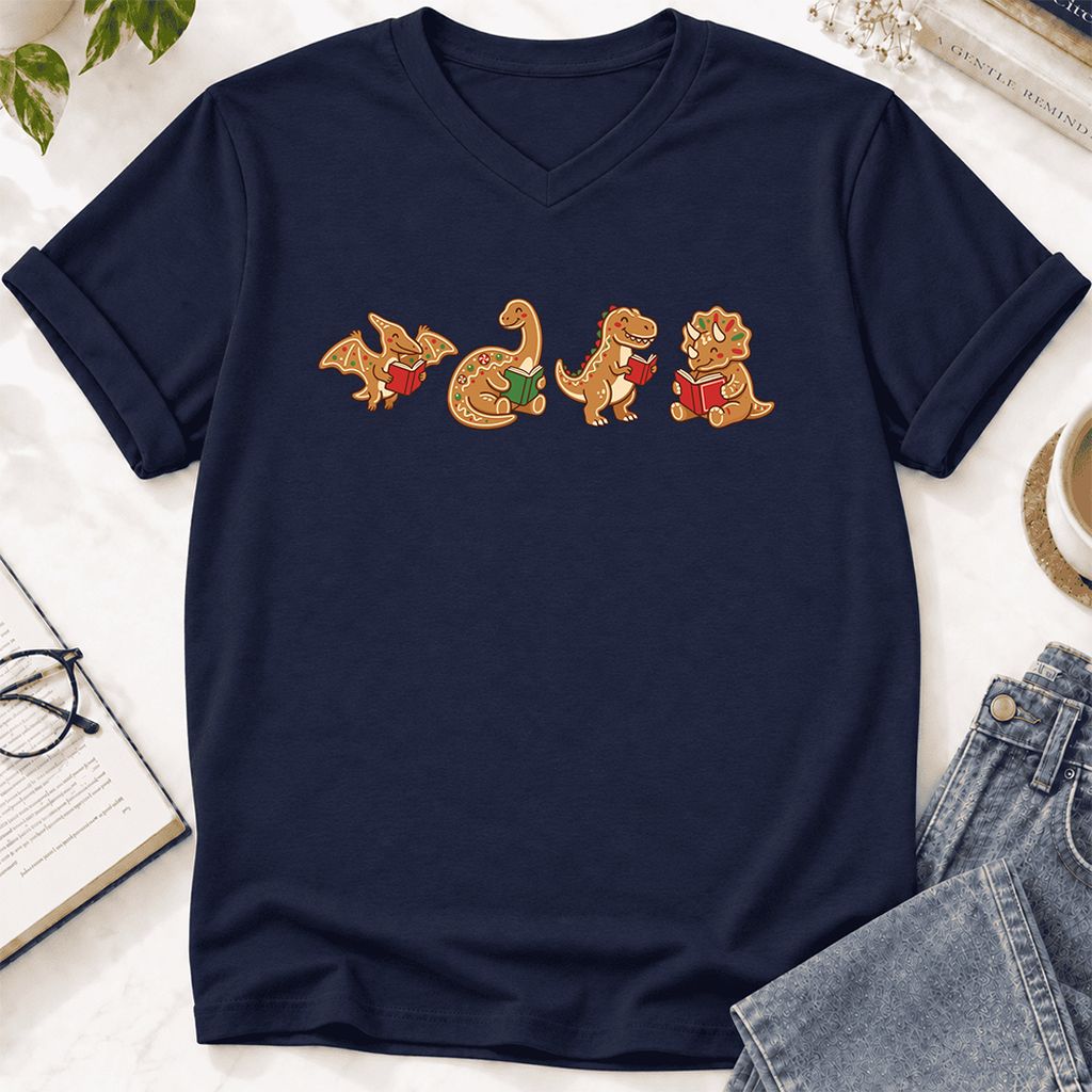 Four Gingerbread Dinosaur Reading Ultra-Soft V-Neck | Christmas Reading Gift Navy