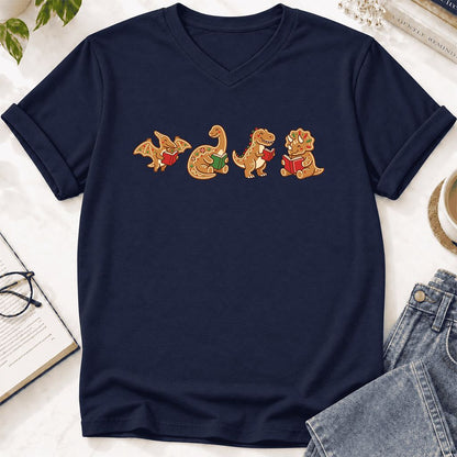 Four Gingerbread Dinosaur Reading Ultra-Soft V-Neck | Christmas Reading Gift Navy