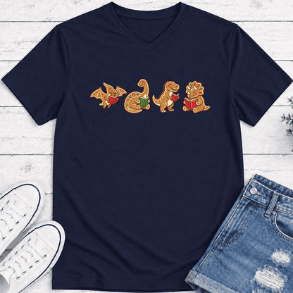 Four Gingerbread Dinosaur Reading Ultra-Soft V-Neck | Christmas Reading Gift Navy