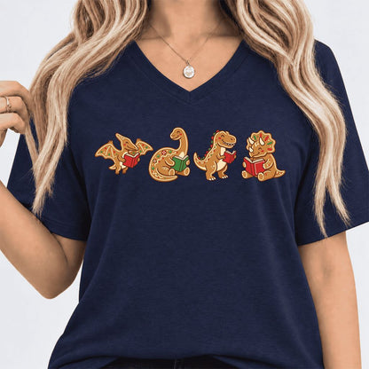 Four Gingerbread Dinosaur Reading Ultra-Soft V-Neck | Christmas Reading Gift Navy
