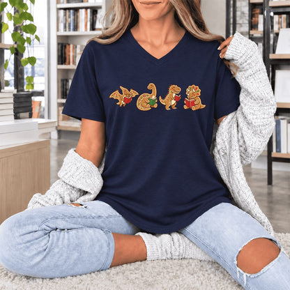 Four Gingerbread Dinosaur Reading Ultra-Soft V-Neck | Christmas Reading Gift Navy