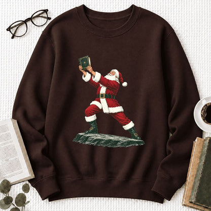 Santa Claus Holding Up A Green Book Printed Sweatshirt | Christmas Gift Dark Chocolate