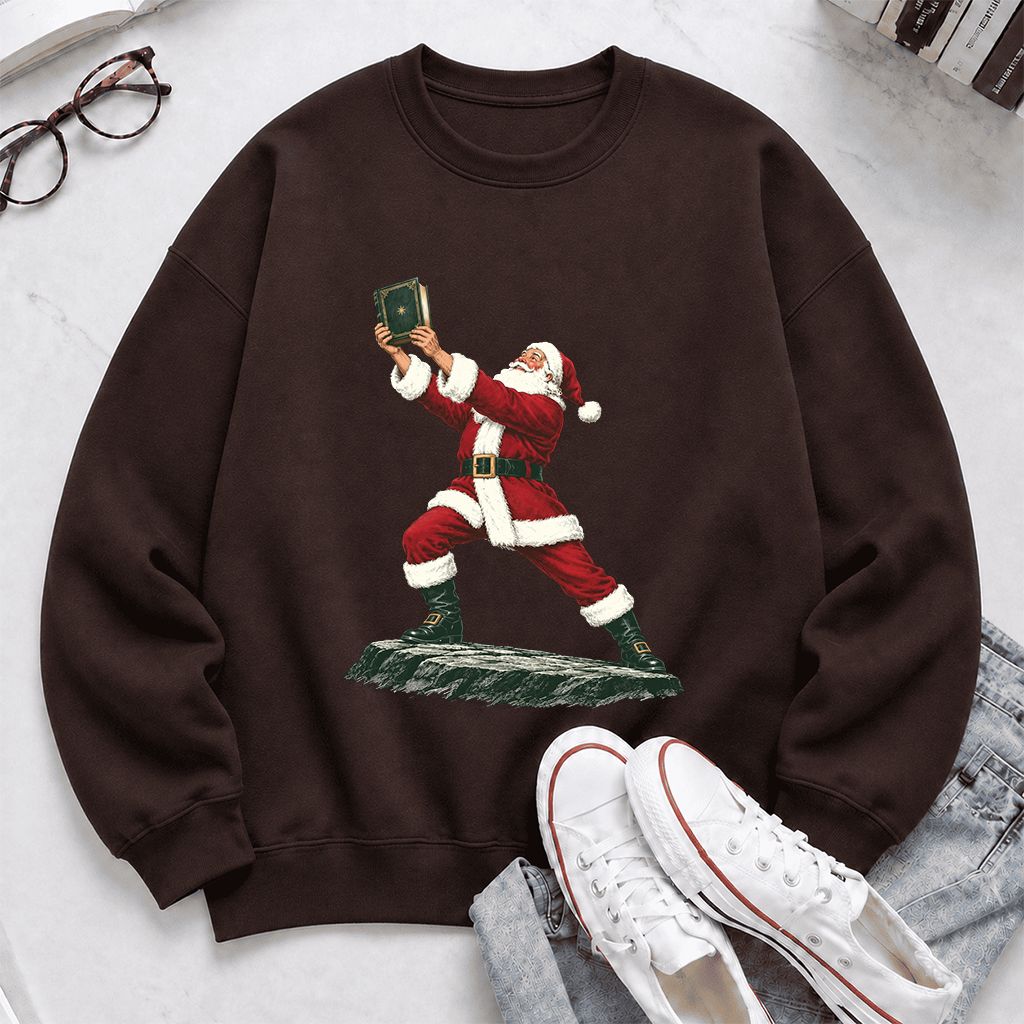 Santa Claus Holding Up A Green Book Printed Sweatshirt | Christmas Gift Dark Chocolate