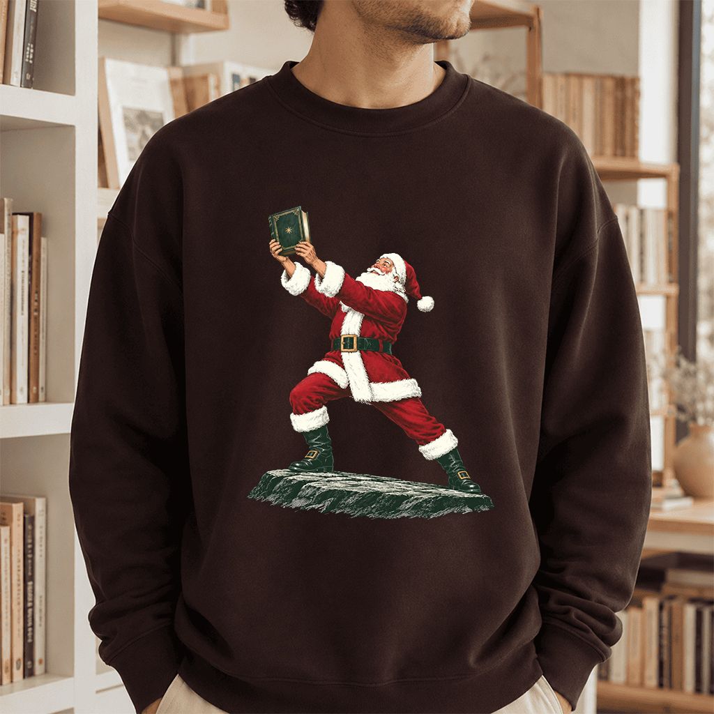 Santa Claus Holding Up A Green Book Printed Sweatshirt | Christmas Gift Dark Chocolate