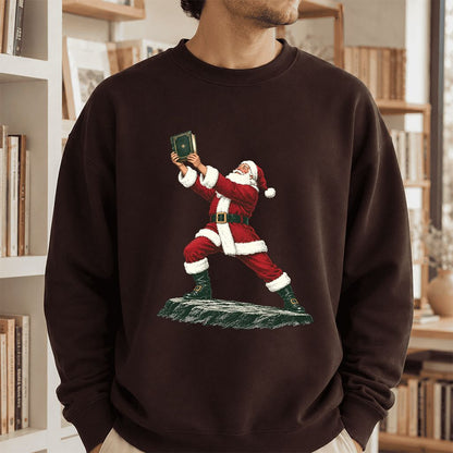 Santa Claus Holding Up A Green Book Printed Sweatshirt | Christmas Gift Dark Chocolate