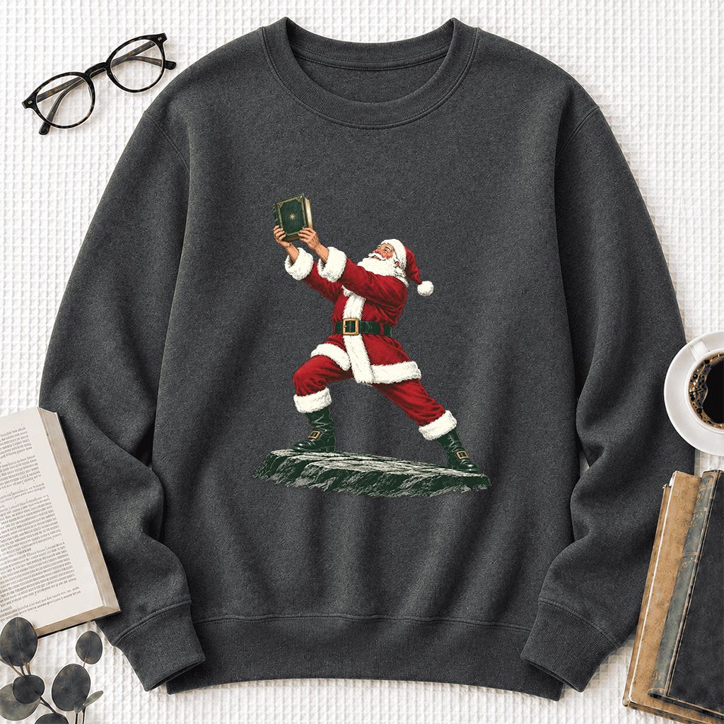 Santa Claus Holding Up A Green Book Printed Sweatshirt | Christmas Gift Dark Heather