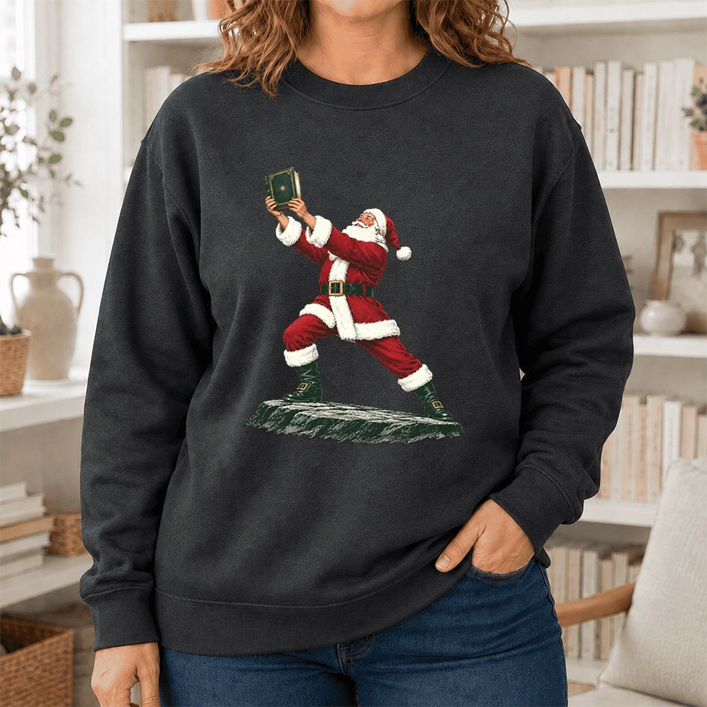 Santa Claus Holding Up A Green Book Printed Sweatshirt | Christmas Gift Dark Heather