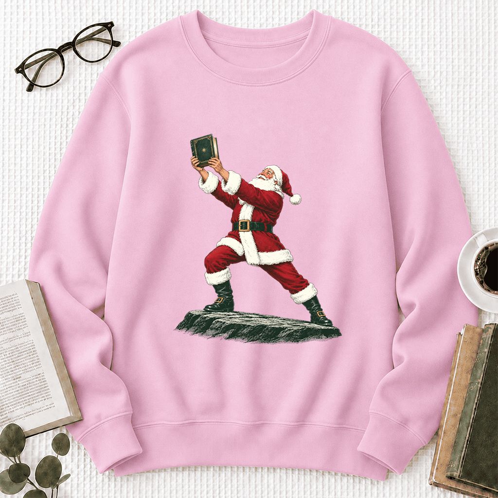 Santa Claus Holding Up A Green Book Printed Sweatshirt | Christmas Gift Light Pink